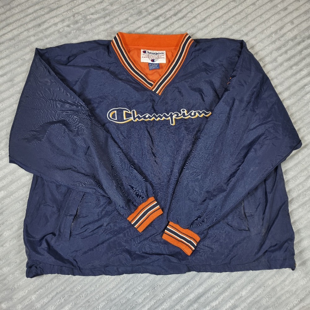 VTG 90s Champion Spell out Pullover Jacket‎ Windbreaker Adult Sz XXL Blue/Orange